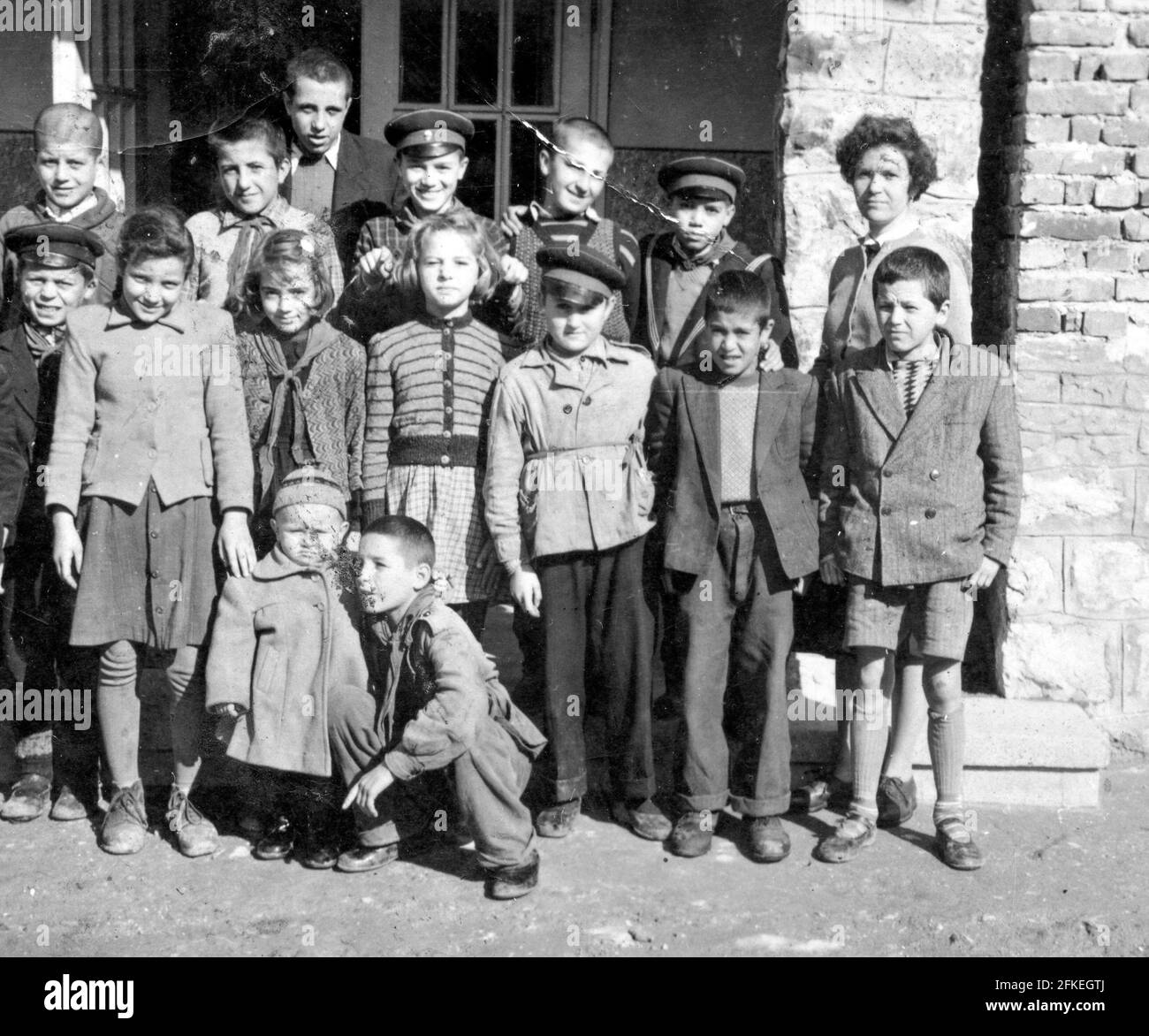 Group portrait of schoolgirls and schoolboys children in Bulgaria, Eastern Europe circa 1955 Stock Photo