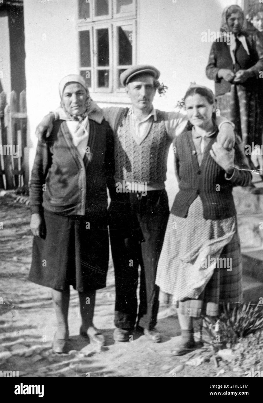 Family portrait of ordinary village people in Bulgaria, Eastern Europe circa 1950s Stock Photo