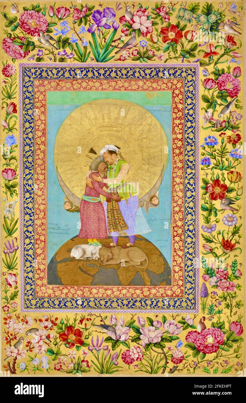 Abu'l Hasan artwork - Allegorical representation of Emperor Jahangir and Shah Abbas of Persia. Stock Photo