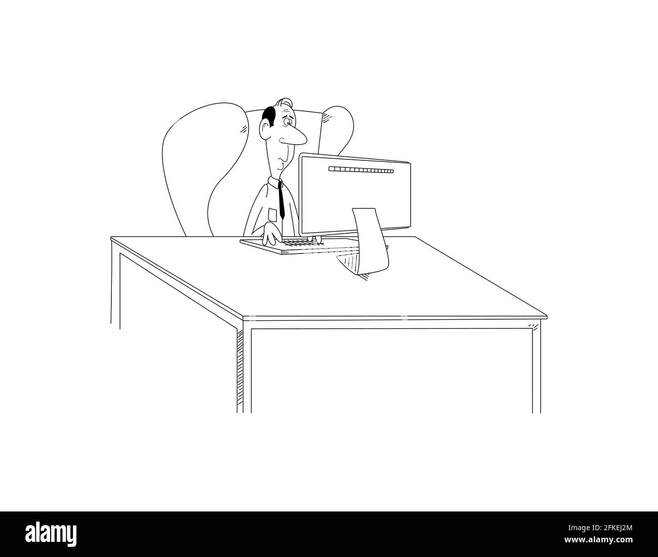 Funny cartoon bald man or nerd guy sit in chair at desk working on computer. Funny male clerk or professor with tie look at monitor.Vector Stock Vector
