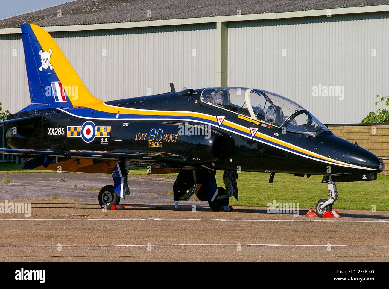 Royal Air Force, RAF, British Aerospace BAe Hawk T1 jet plane trainer XX285 in special paint scheme. 90 years of 100 Squadron. Anniversary colours Stock Photo