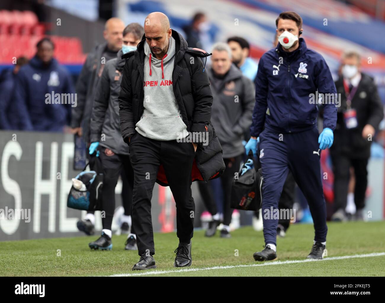 Manchester City manager Pep Guardiola at half time during the Premier League match at Selhurst Park, London. Issue date: Saturday May 1, 2021. Stock Photo
