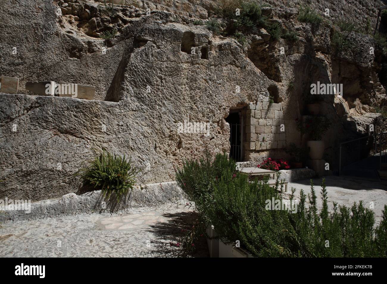 The Garden Tomb, an ancient Jewish burial cave outside the Old City of Jerusalem where some Christians believe Jesus was buried after crucifixion. Stock Photo