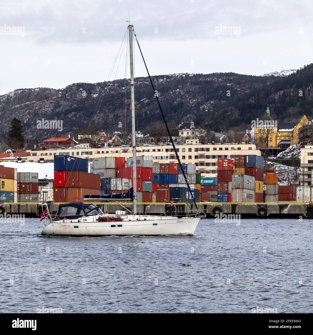 Sailboat Emma at Damsgaardsundet, entering port. Bergen, Norway Stock Photo