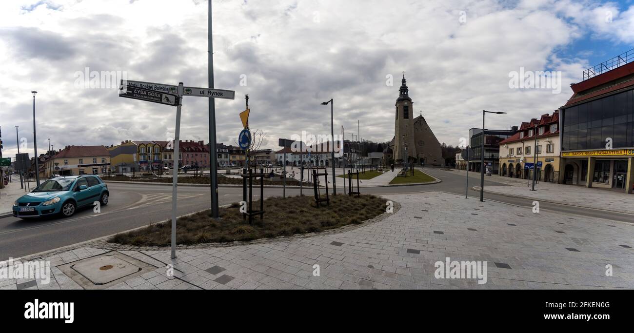 Limanowa, Poland - April 01, 2021: Panorama City center main square with a famous church and building cityscape a unit of local government (powiat) in Stock Photo