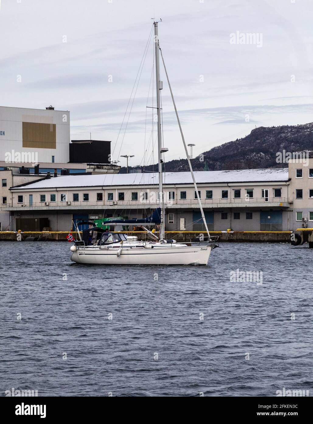 Sailboat Zanzi at Damsgaardsundet, entering port. Bergen, Norway Stock Photo