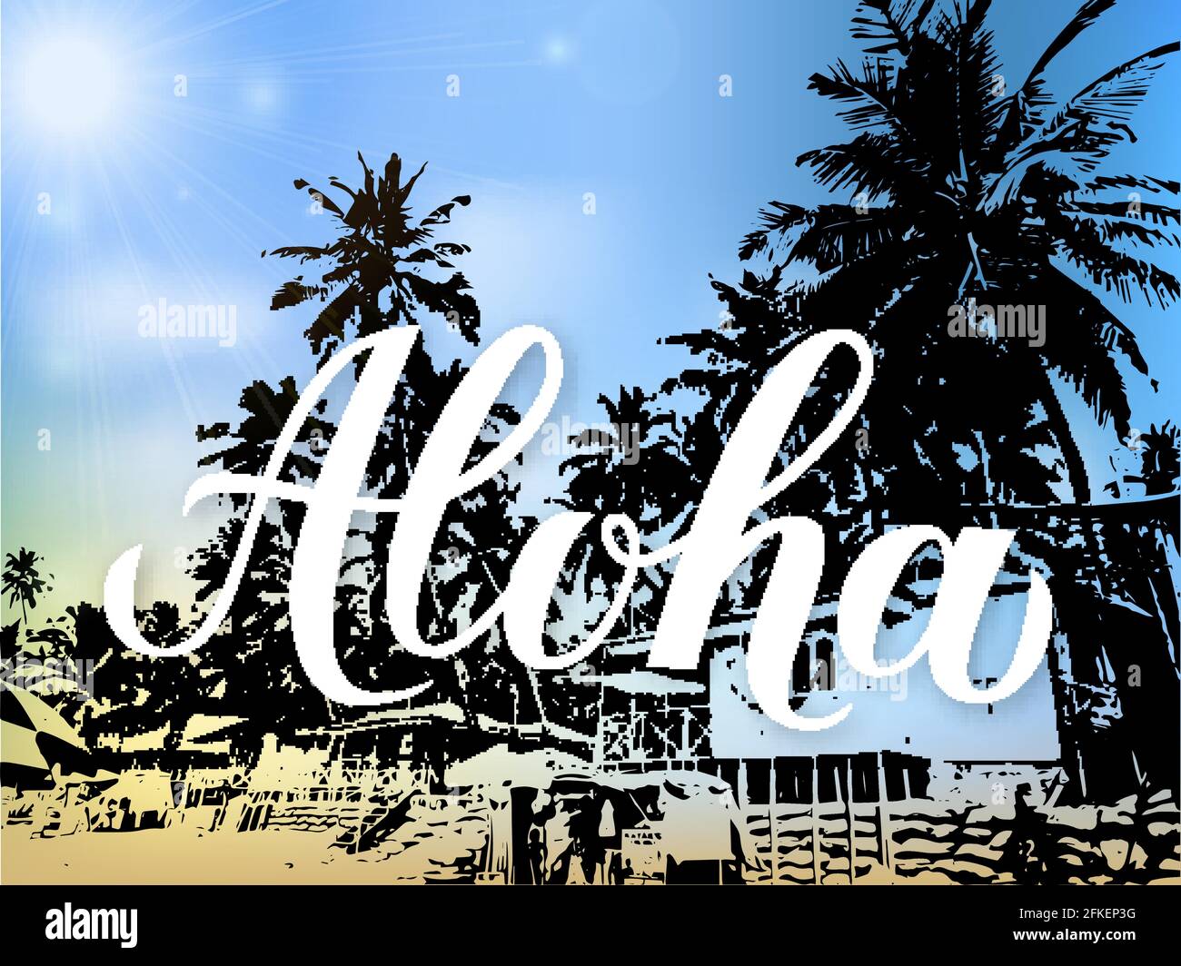 Aloha calligraphy lettering on bright background with sun, sky and