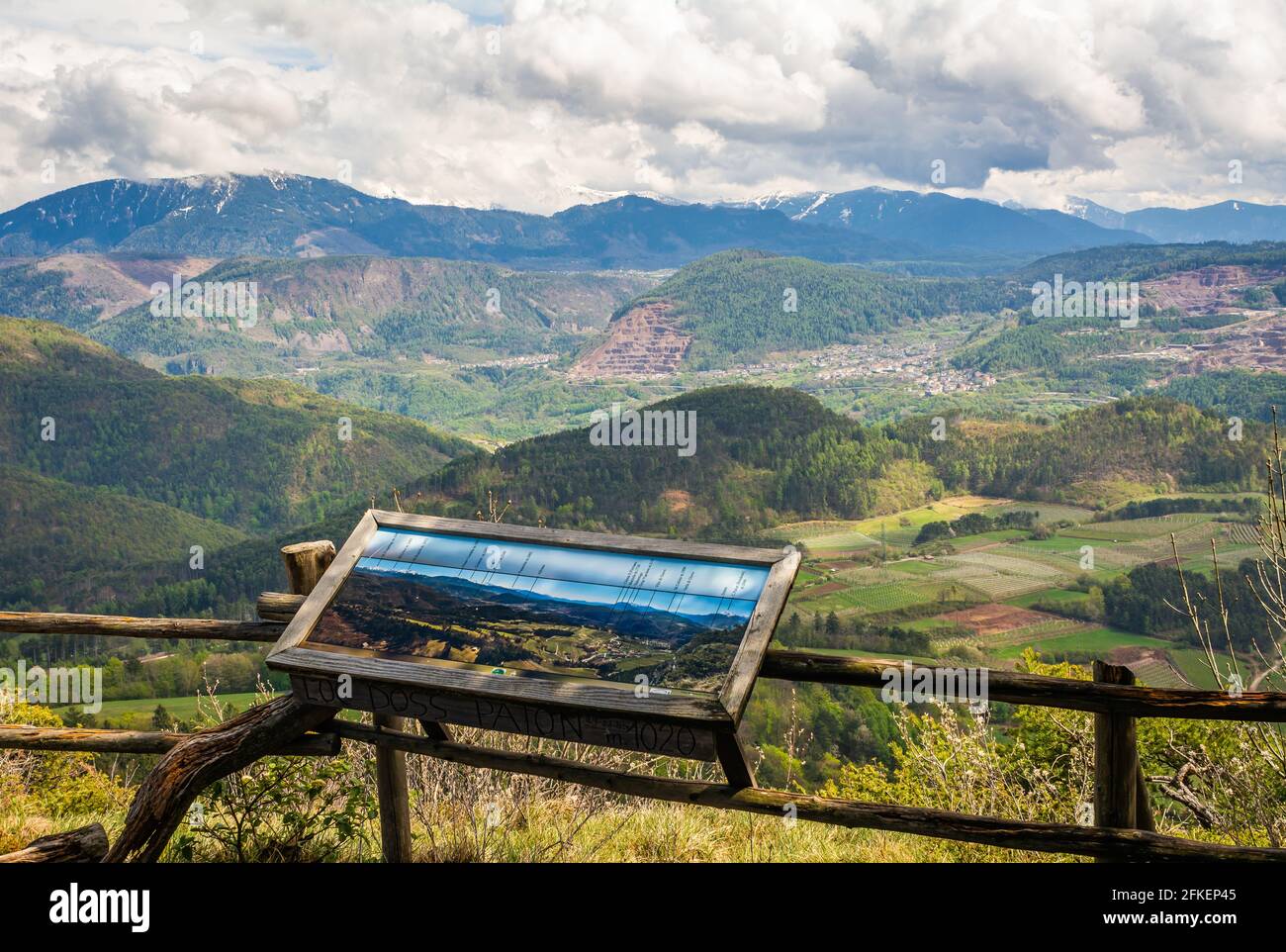 Cembra Valley landscape from Corona Mount in Trentino Alto Adige, northern Italy, Europe. Corona Mount is a 1,035 meter high mountain in the Val di Ce Stock Photo