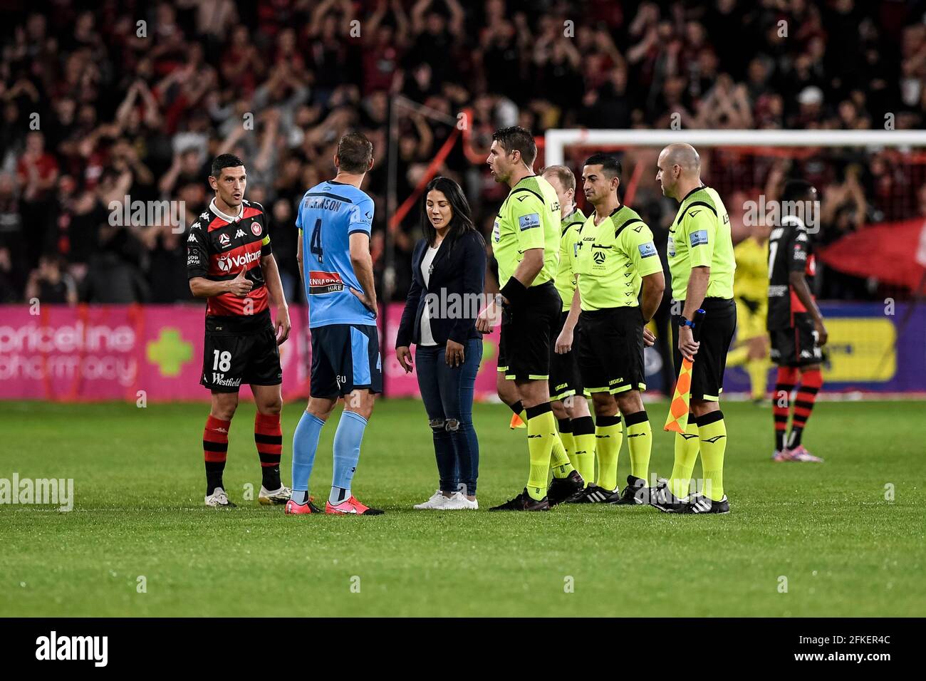 1st May 2021; Bankwest Stadium, Parramatta, New South Wales, Australia; A League Football, Western Sydney Wanderers versus Sydney FC; Graham Dorrans of Western Sydney Wanderers and Alex Wilkinson of Sydney during the coin toss Stock Photo