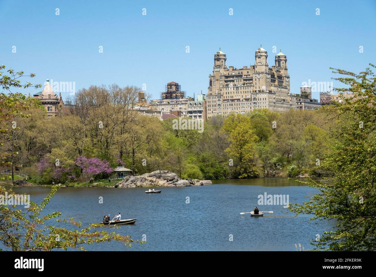 Central Park with Beresford Apartments Building in Background, NYC Stock Photo