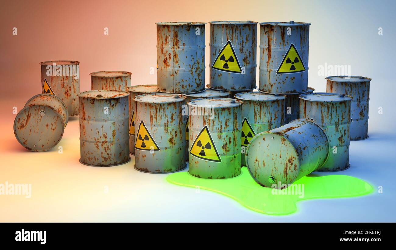 Rusty iron barrels with a biohazard sign. 3D visualization Stock Photo