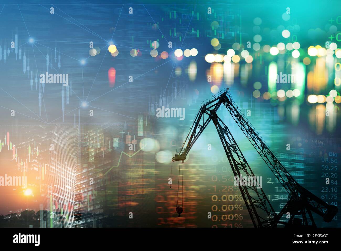 metal construction crane and market stock graph with index information industry and business background Stock Photo
