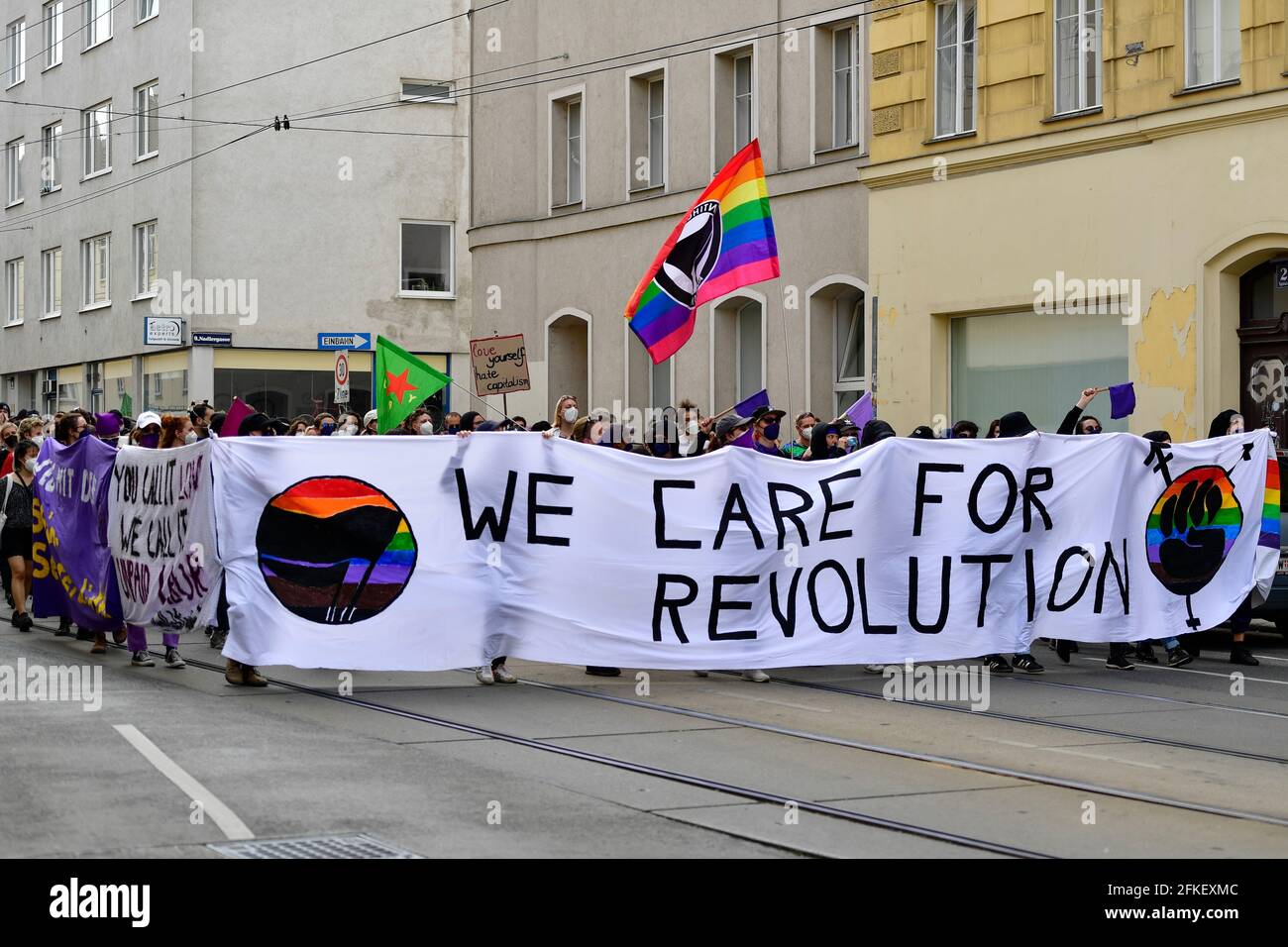 Vienna, Austria. 1st May 2021. Big demonstration day on May 1st in Vienna. The police are also expecting several unregistered demonstrations and will cordon off several streets in downtown Vienna for safety. Mayday Vienna demonstration.  Credit: Franz Perc / Alamy Live News Stock Photo