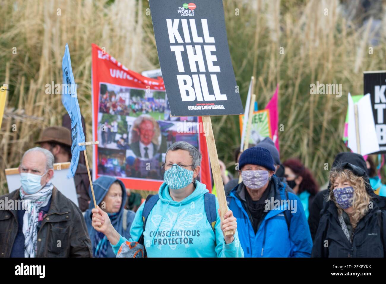 Eastbourne, UK. 1st May, 2021. A group of roughly 80 protesters marched along Eastbourne Seafront today in support of Kill the Bill, XR and BLM, there was a small police present for this peaceful demonstration. Credit: Pete Abel/Alamy Live News Stock Photo