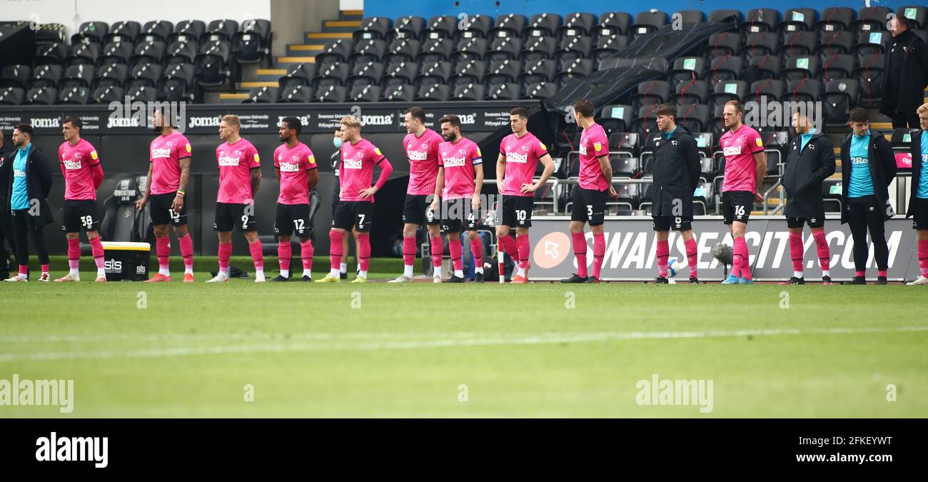 Liberty Stadium, Swansea, Glamorgan, UK. 1st May, 2021. English Football League Championship Football, Swansea City versus Derby County; Derby County players stand together on the sideline before kick off Credit: Action Plus Sports/Alamy Live News Stock Photo