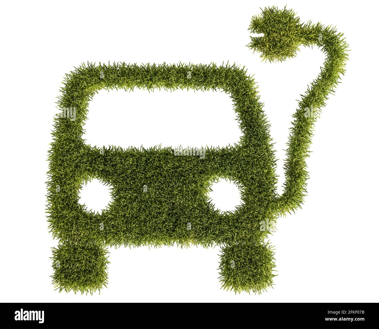 Electric car concept as a green grass patch. A car silhouette and a cable with plug. Isolated on pure white background without shadows. Stock Photo