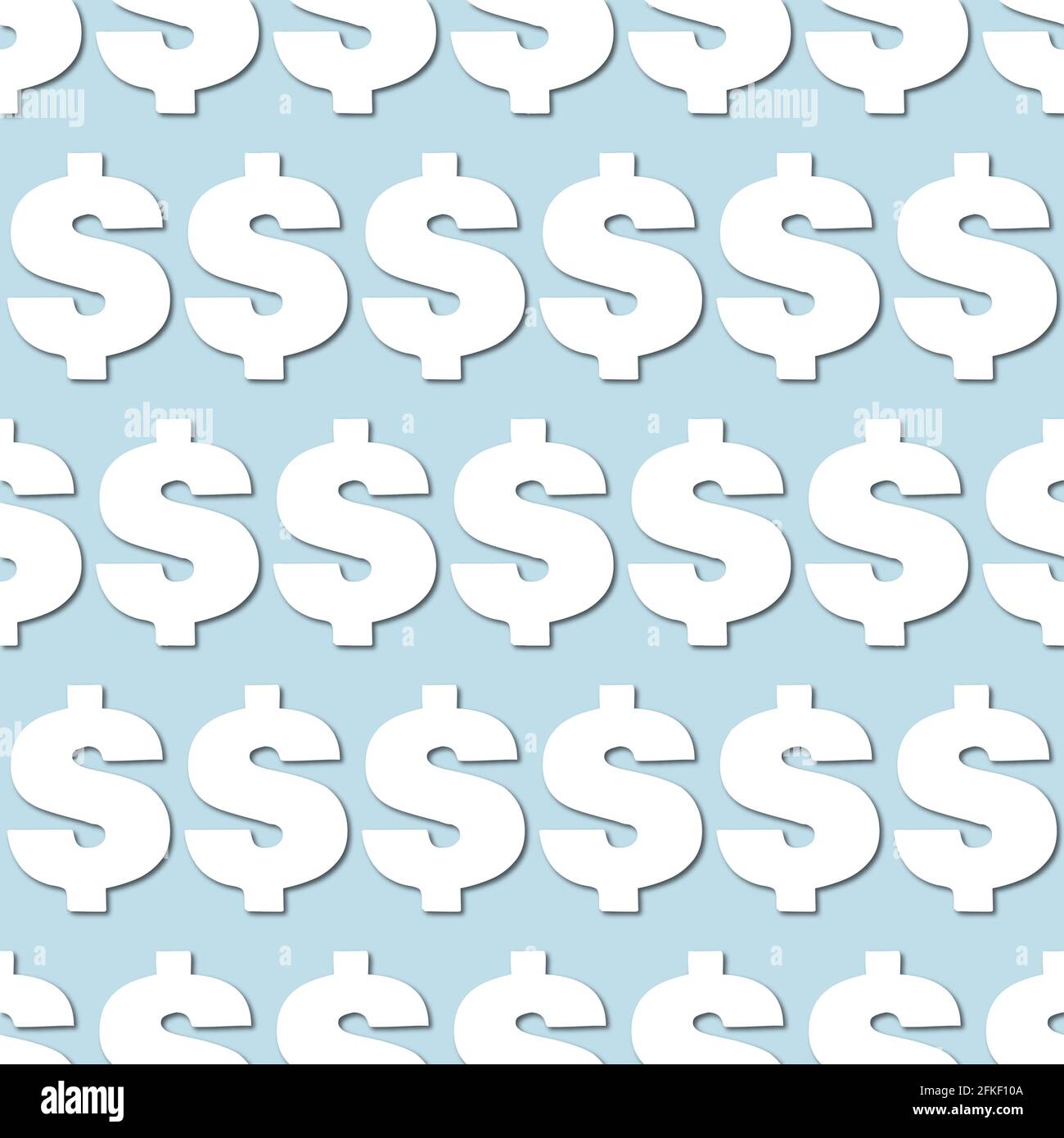 White american dollar silhouette on pale blue background, seamless pattern. Paper cut style with drop shadows and highlights. Stock Photo