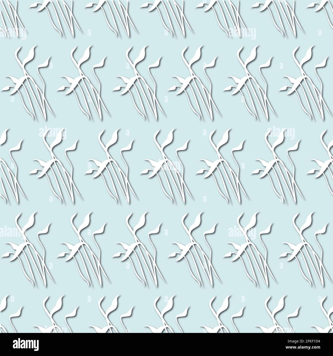 White plant, flowers silhouette on pale blue background, seamless pattern. Paper cut style with drop shadows and highlights. Stock Photo