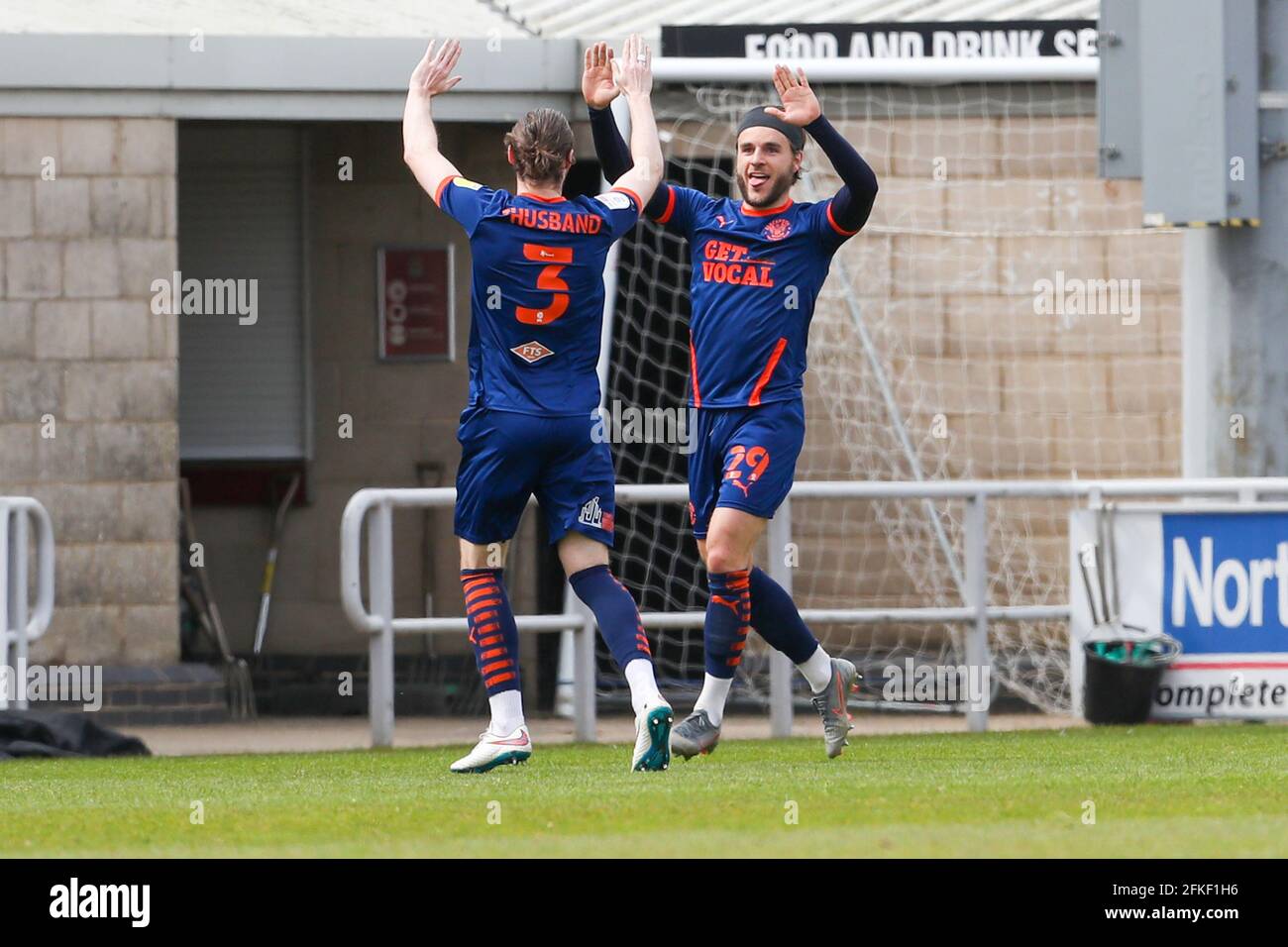NORTHAMPTON, ENGLAND. MAY 1ST: Luke Garbutt celebrates after scoring for Blackpool, to take the lead to make it 1 - 0 against Northampton Town, during the Sky Bet League One match between Northampton Town and Blackpool at the PTS Academy Stadium, Northampton on Saturday 1st May 2021. (Credit: John Cripps | MI News) Credit: MI News & Sport /Alamy Live News Stock Photo