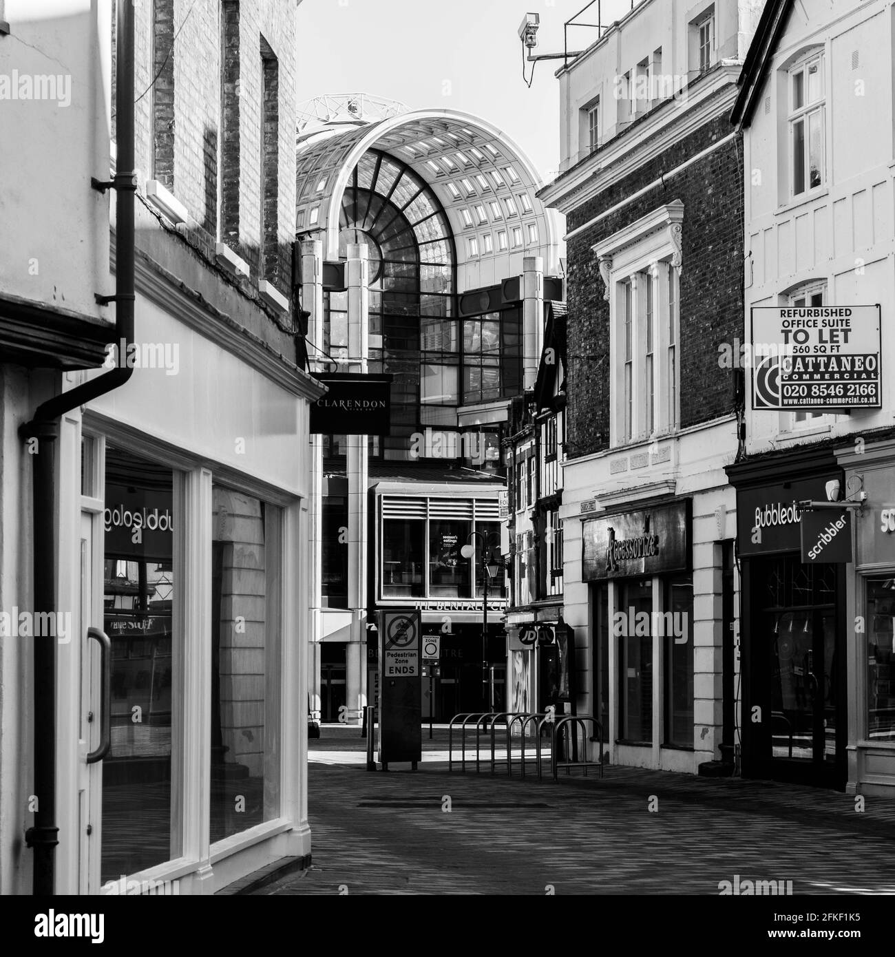 Kingston Upon Thames, London UK, April 2021, Empty Street And Closed Shops By Bentalls Centre During Coronavirus Covid-19 Lockdown With No People Stock Photo