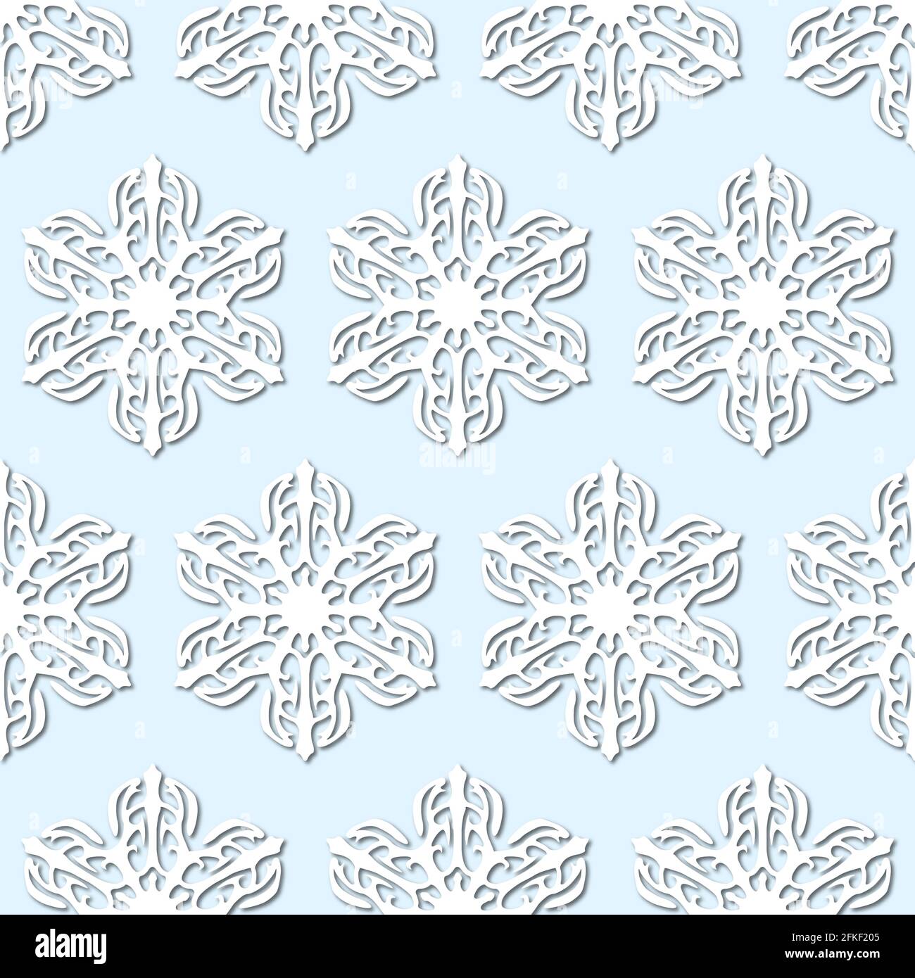 White snowflakes on pale blue background, damask ornament seamless pattern. Paper cut style with drop shadows and highlights. Stock Photo