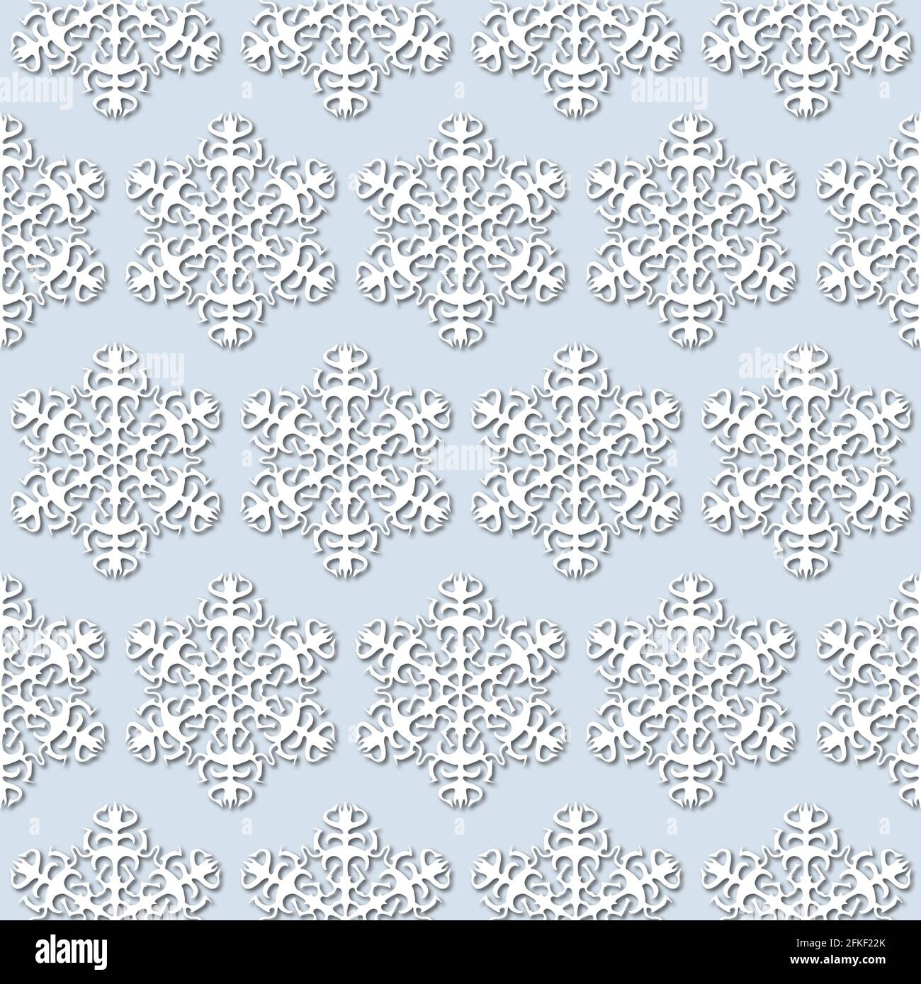 White snowflakes on pale blue background, seamless pattern. Paper cut style with drop shadows and highlights. Stock Photo
