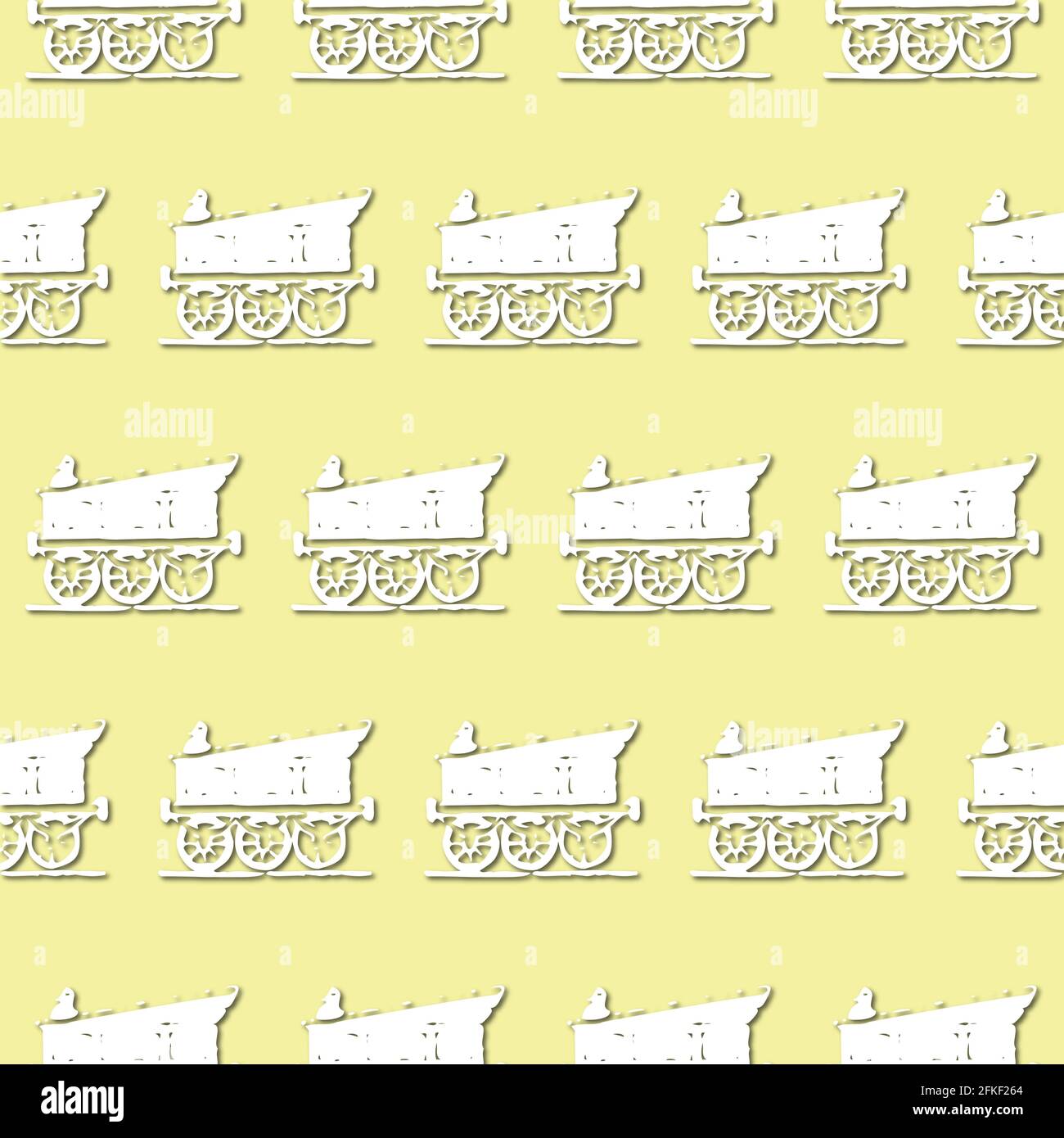 White retro train, locomotive silhouette on pale green background, seamless pattern. Paper cut style with drop shadows and highlights. Stock Photo