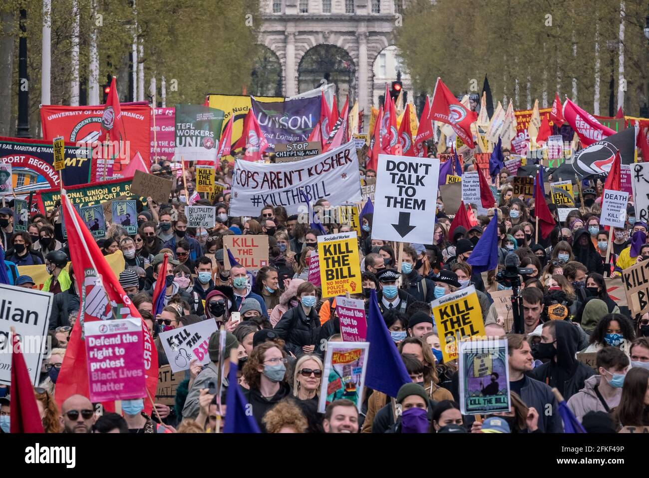 London, UK. 1st May 2021. Kill The Bill protest. Thousands march against a newly proposed police, crime, sentencing and courts bill on May Day (or Labour Day). Numerous social movements have united to protest against the bill, which they say would place significant curbs on freedom of speech and assembly, by giving police powers to curb protests, among other measures. Credit: Guy Corbishley/Alamy Live News Stock Photo