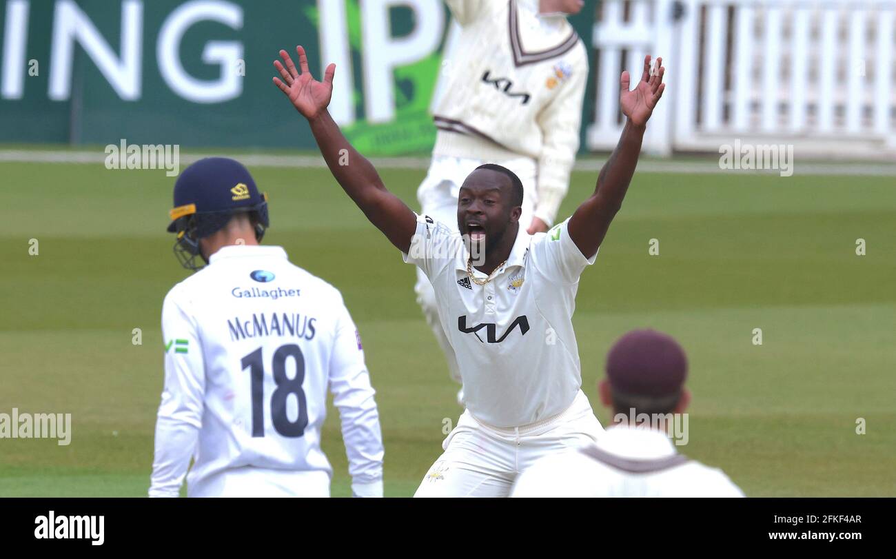 1 May, 2021. London, UK. Surrey’s Kemar Roach appeals as Surrey take on Hampshire in  the County Championship at the Kia Oval, day three David Rowe/Alamy Live News Stock Photo