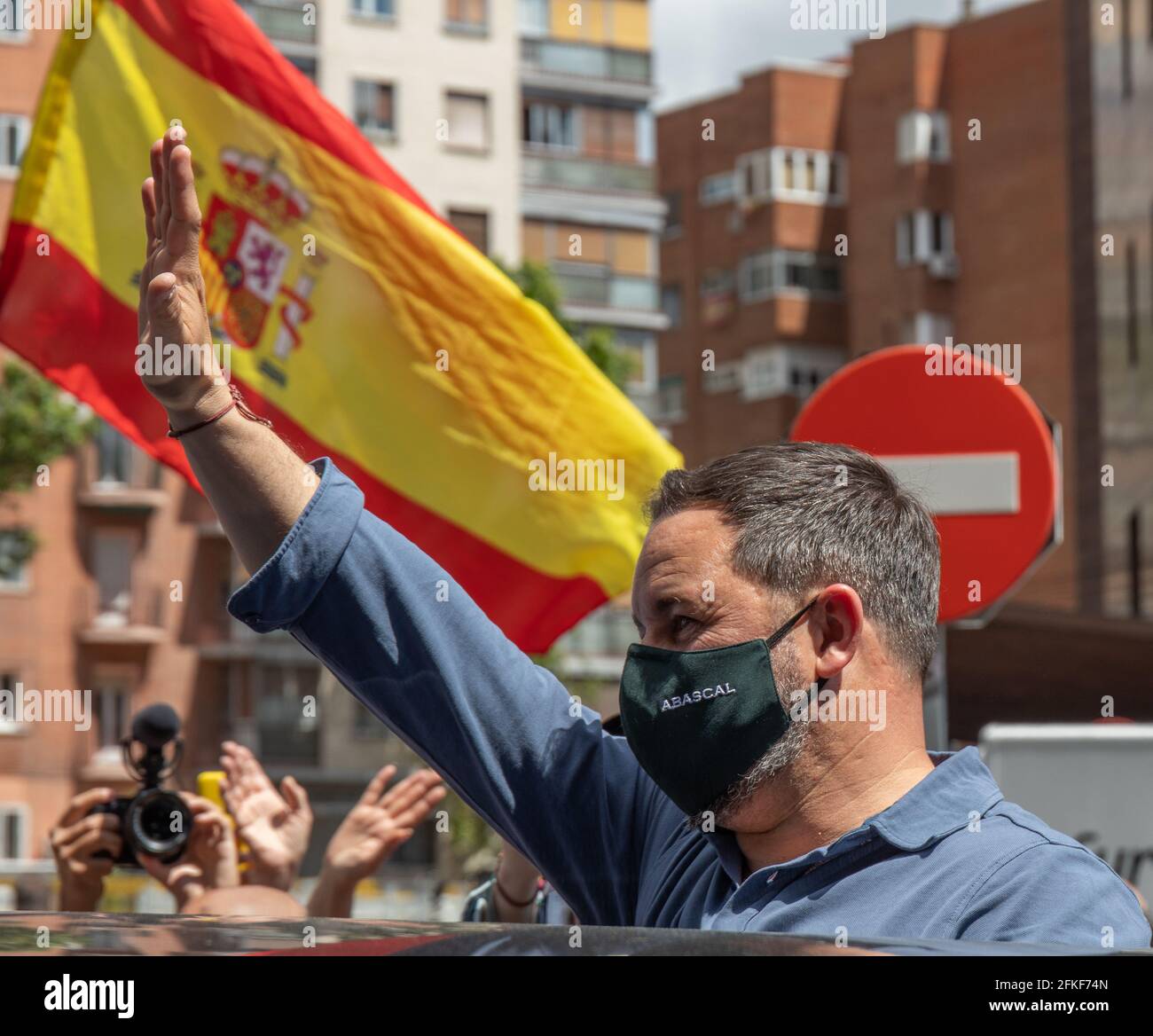 Madrid, Spain - May 1 2021, The political party Vox and the trade union 'Solidarity' have participated in a rally in the Conde de Casal square in Madrid as part of the international workers' day. The event was attended by the president of the party, Santiago Abascal; the candidate for the presidency of the community of Madrid, Rocio Monasterio and the secretary general of the union, Rodrigo Alonso. Stock Photo