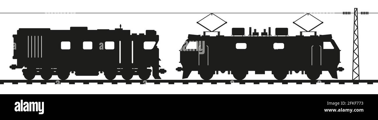 Diesel locomotive and electric locomotive. Flat style vector illustration isolated on white background. Stock Vector