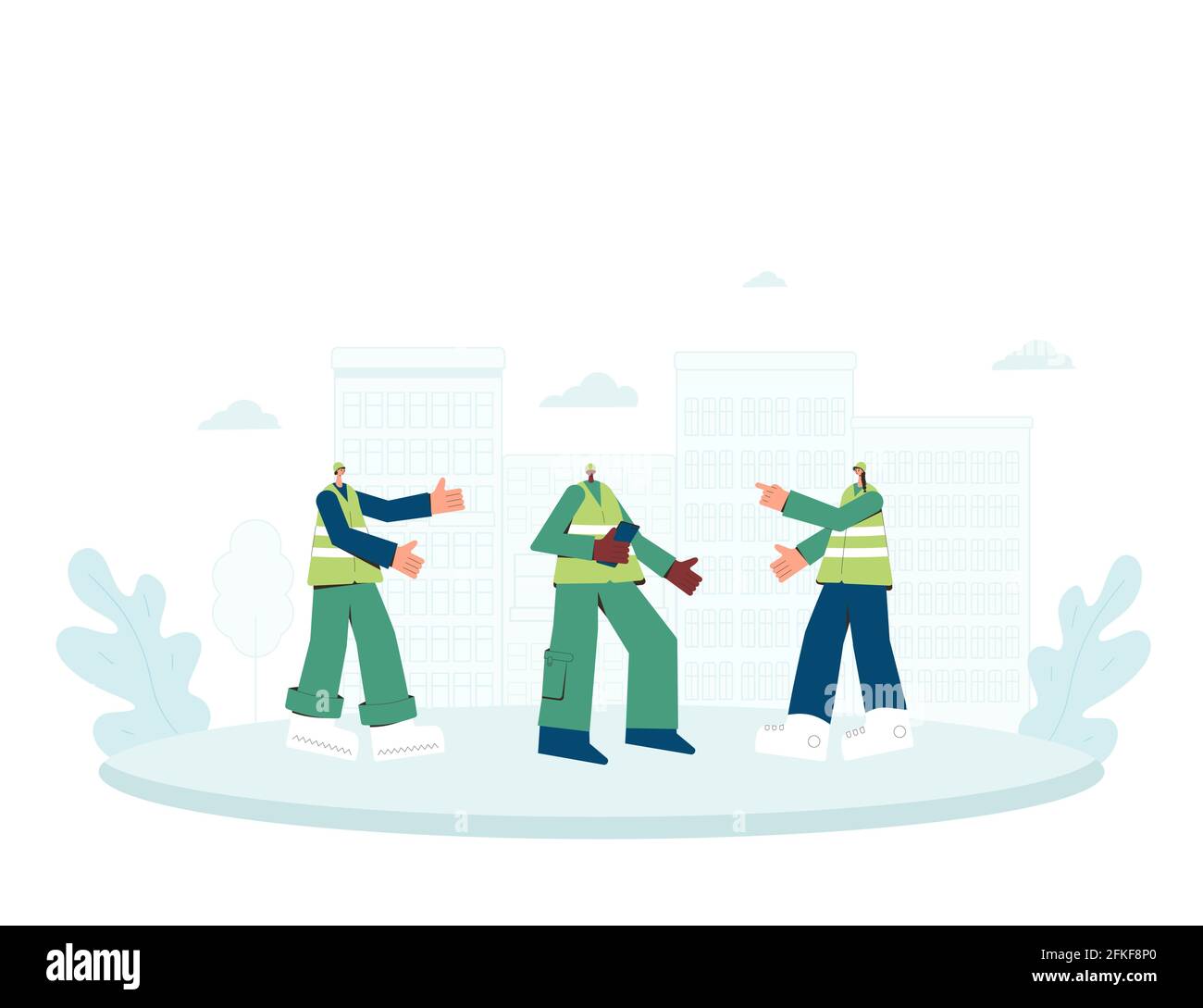 Three builder people. Female and male engineer, technican worker, constructor in safety vest, helmet, uniform standing together. Vector color flat ill Stock Vector