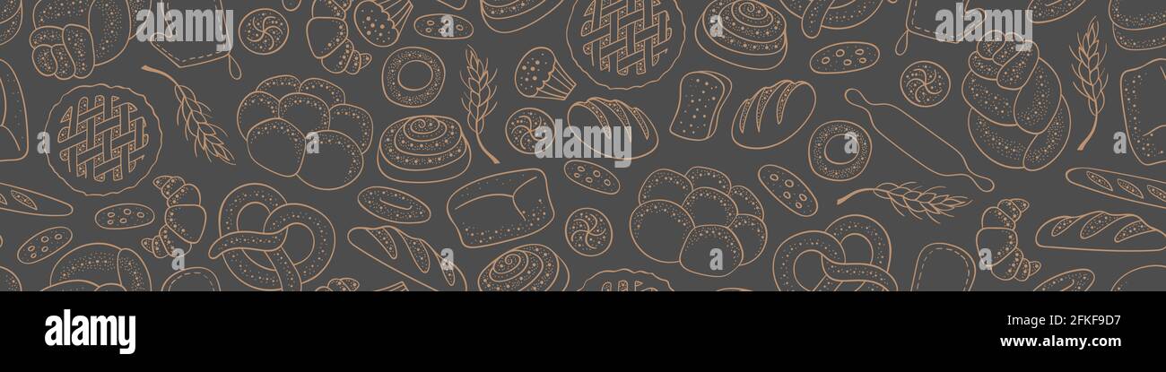 Hand drawn bakery seamless pattern. Horizontal border with food doodles. Vector illustration. Stock Vector