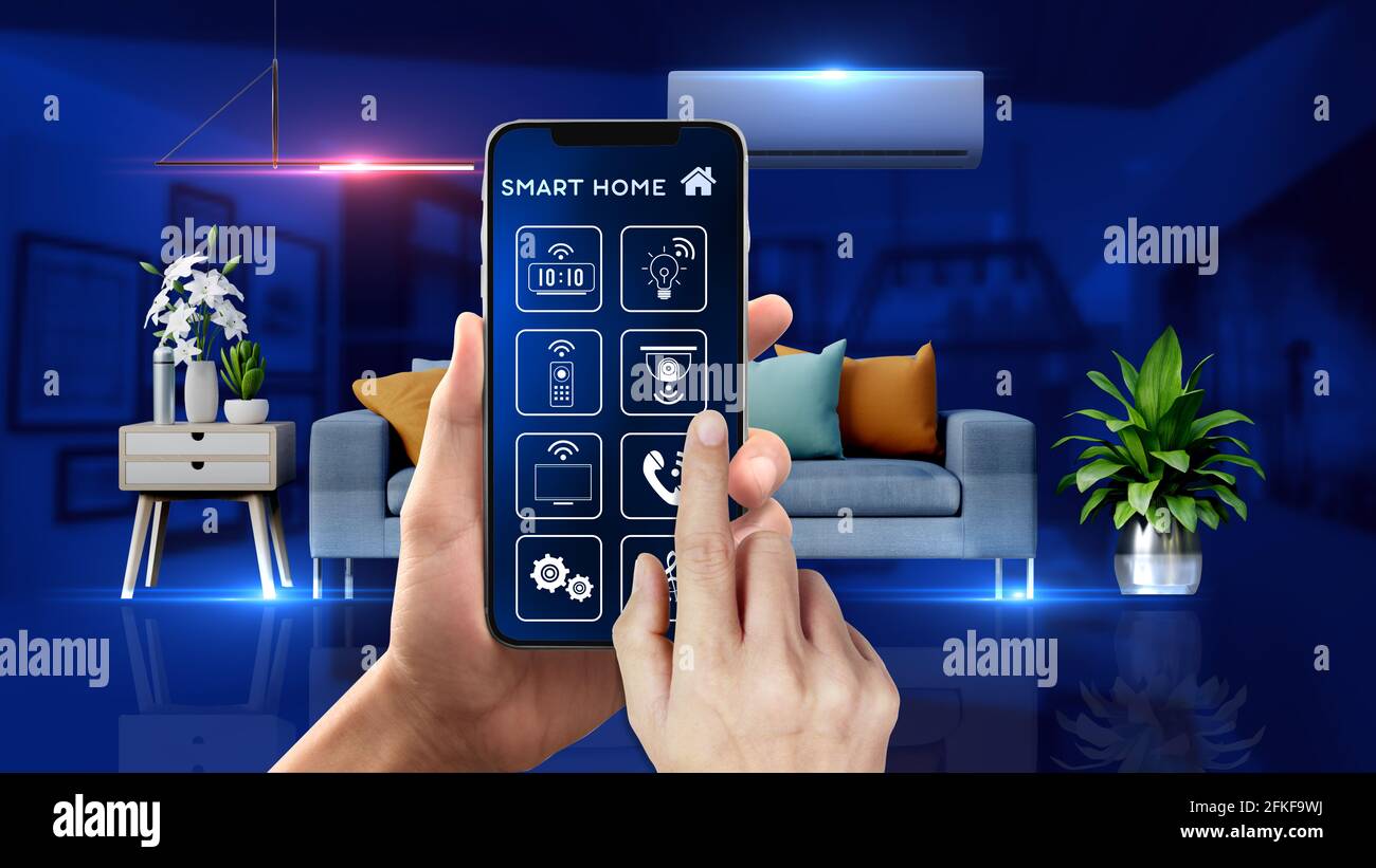 Smart Home Mobile Phone Control It has interior scene with many wireless controlled device and a mobile with app that is controlling them Stock Photo