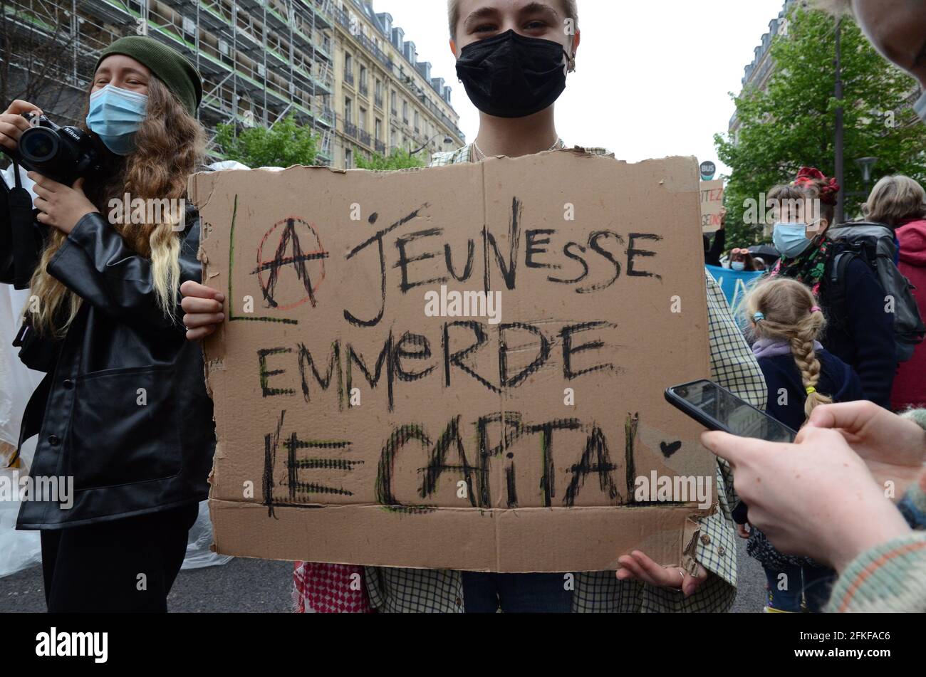May Day parade in Paris, in a climate of tension from the start. Blackbocks" hindered the smooth running of the trade unions' march despite police Stock Photo
