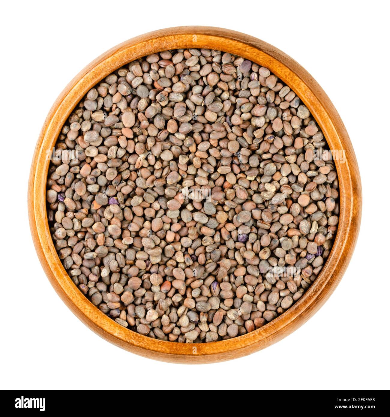 Red radish seeds, in a wooden bowl. Raphanus sativus, an edible root vegetable. Seeds for sprouting red and purple leaved radish. Close-up, from above Stock Photo