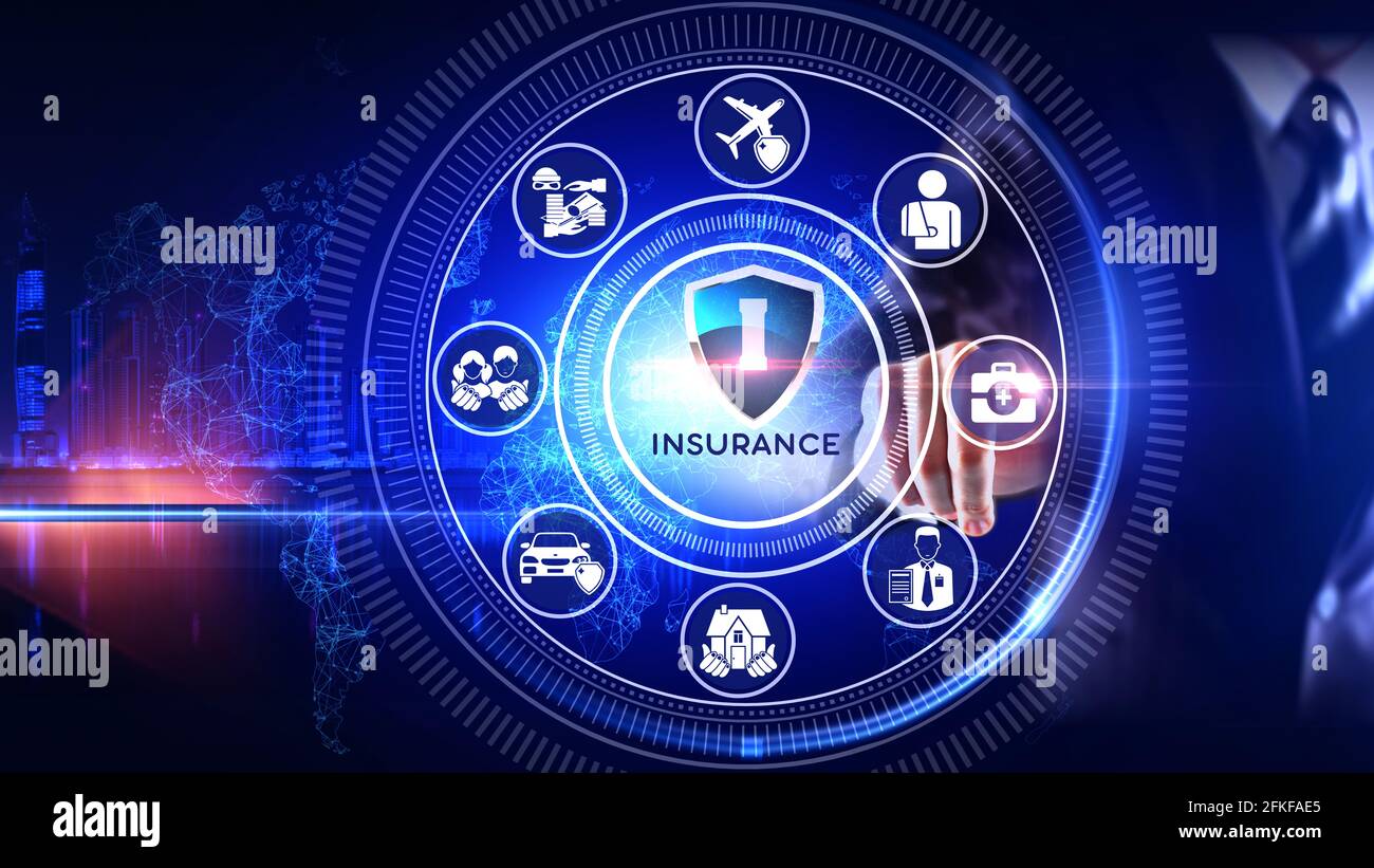 Insurance Icon Concept Rotating wheel with icon surrounded by city Center and spoke Concept Stock Photo