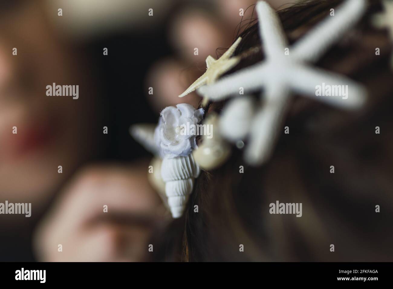 Bridal headpiece with starfish and seashells on the hair Stock Photo