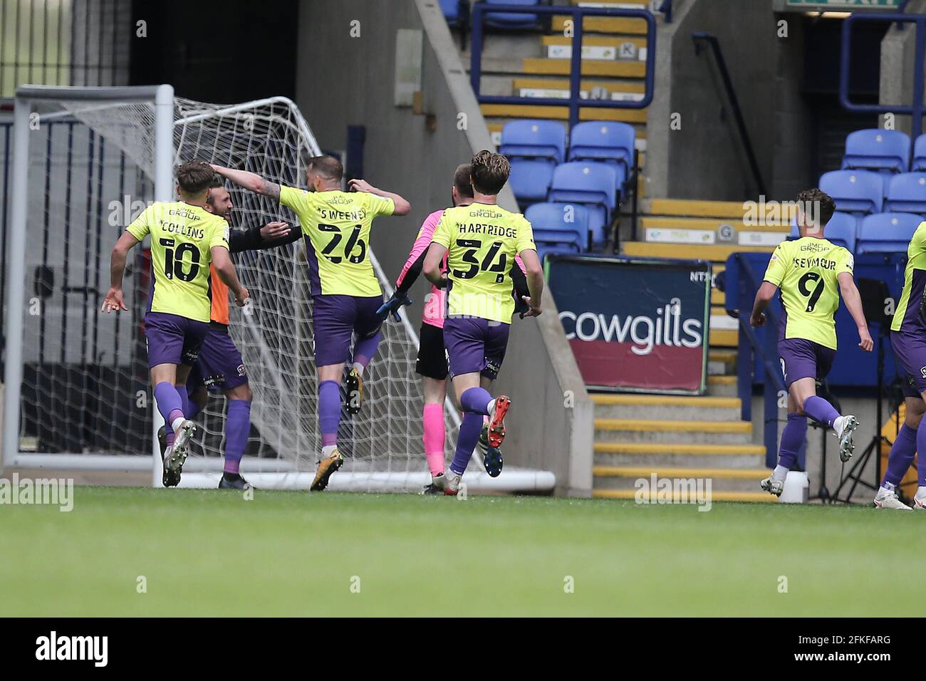 Pierce Sweeney of Exeter City celebrates his 96th minute winner during the Sky Bet League 2 behind closed doors match between Bolton Wanderers and Exeter City at the Reebok Stadium, Bolton, England on 1 May 2021. Photo by Dave Peters / PRiME Media Images. Stock Photo