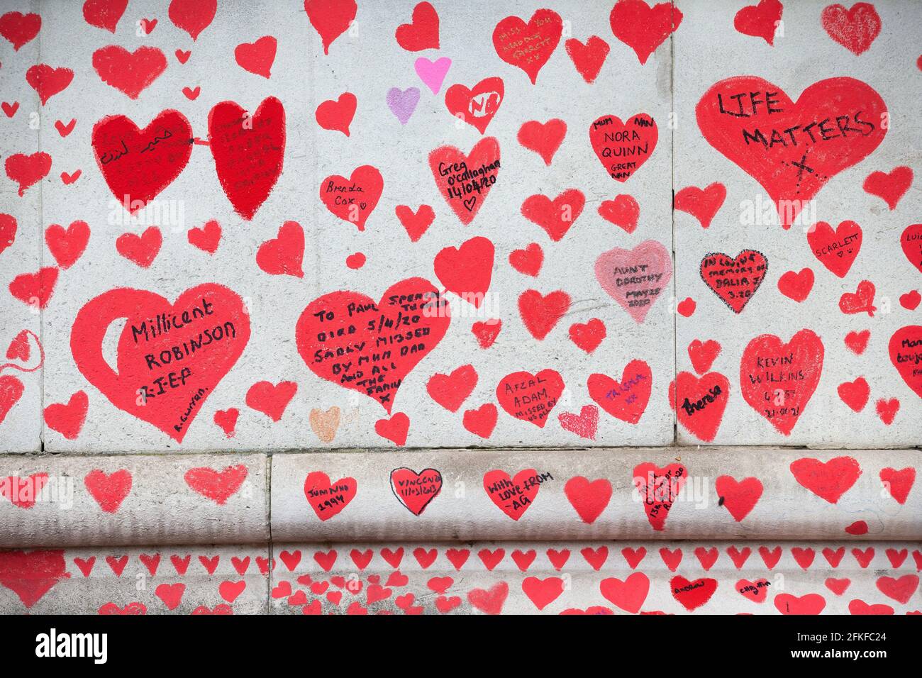 Detail of the National Covid Memorial Wall showing around 140,000 hearts to represent all of the people who have so far died from Covid-19. Stock Photo