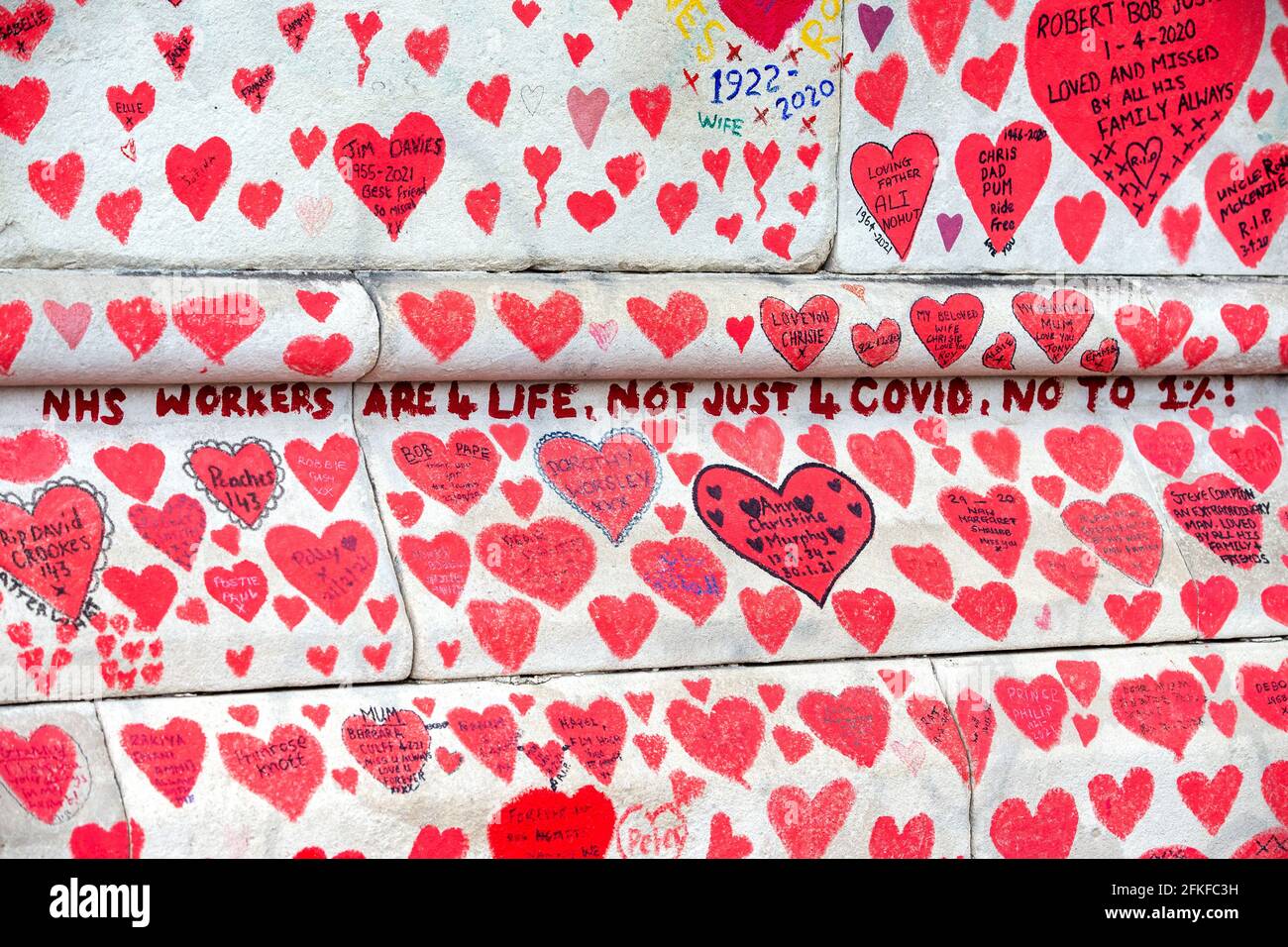 Detail of the National Covid Memorial Wall showing around 140,000 hearts to represent all of the people who have so far died from Covid-19. Stock Photo