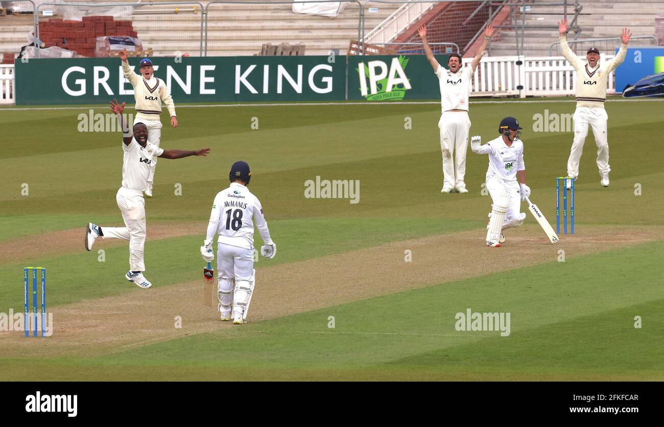 1 May, 2021. London, UK. Surrey’s Kemar Roach gets another wicket as Surrey take on Hampshire in  the County Championship at the Kia Oval, day three David Rowe/Alamy Live News Stock Photo