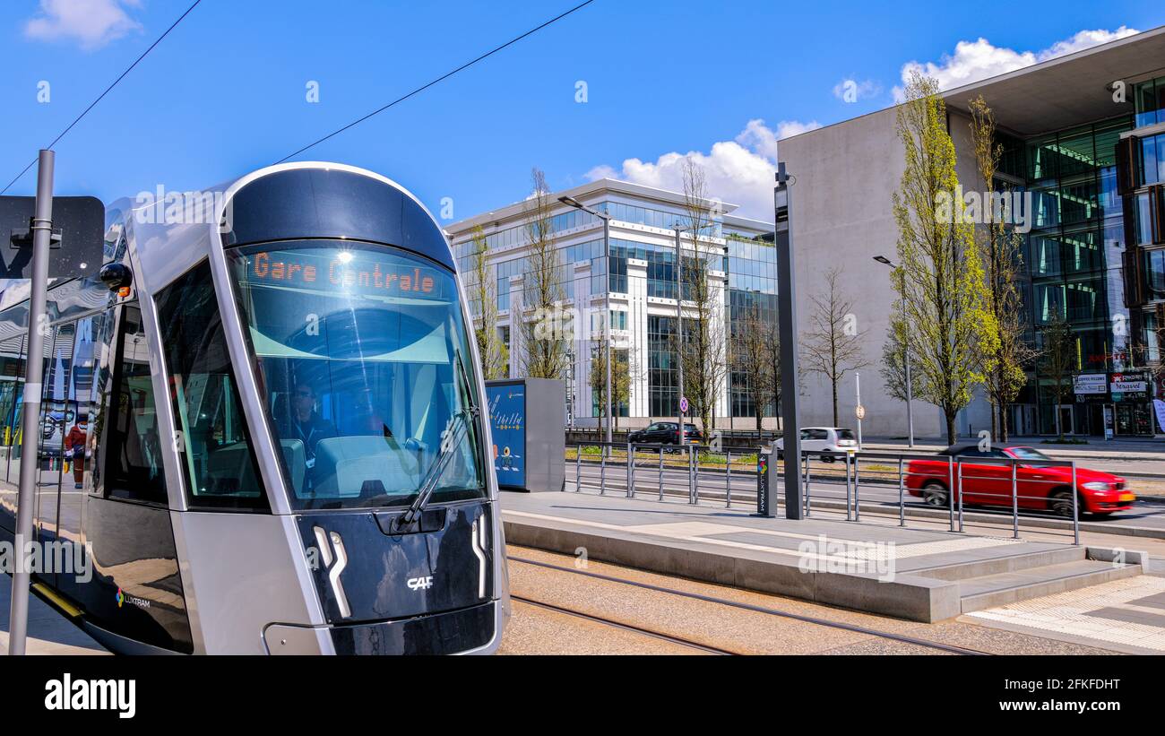 Public transport in Luxemburg - the tram - LUXEMBURG CITY, LUXEMBURG - APRIL 30, 2021 Stock Photo