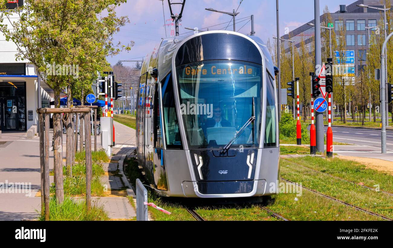 Public transport in Luxemburg - the tram - LUXEMBURG CITY, LUXEMBURG - APRIL 30, 2021 Stock Photo