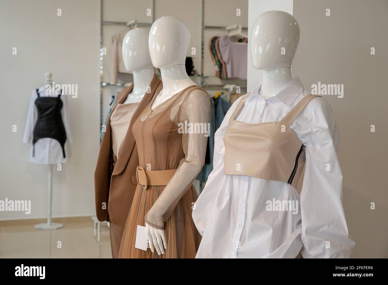 Female mannequins showcase a stylish collection of clothing. Fashion and style store. Copyspace Stock Photo