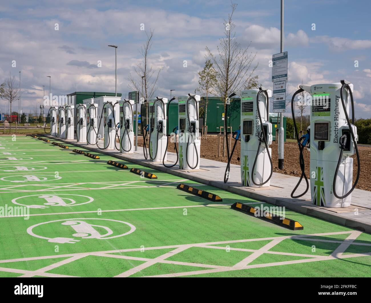 A row of Electric Vehicle charging points at Rugby Services, M6