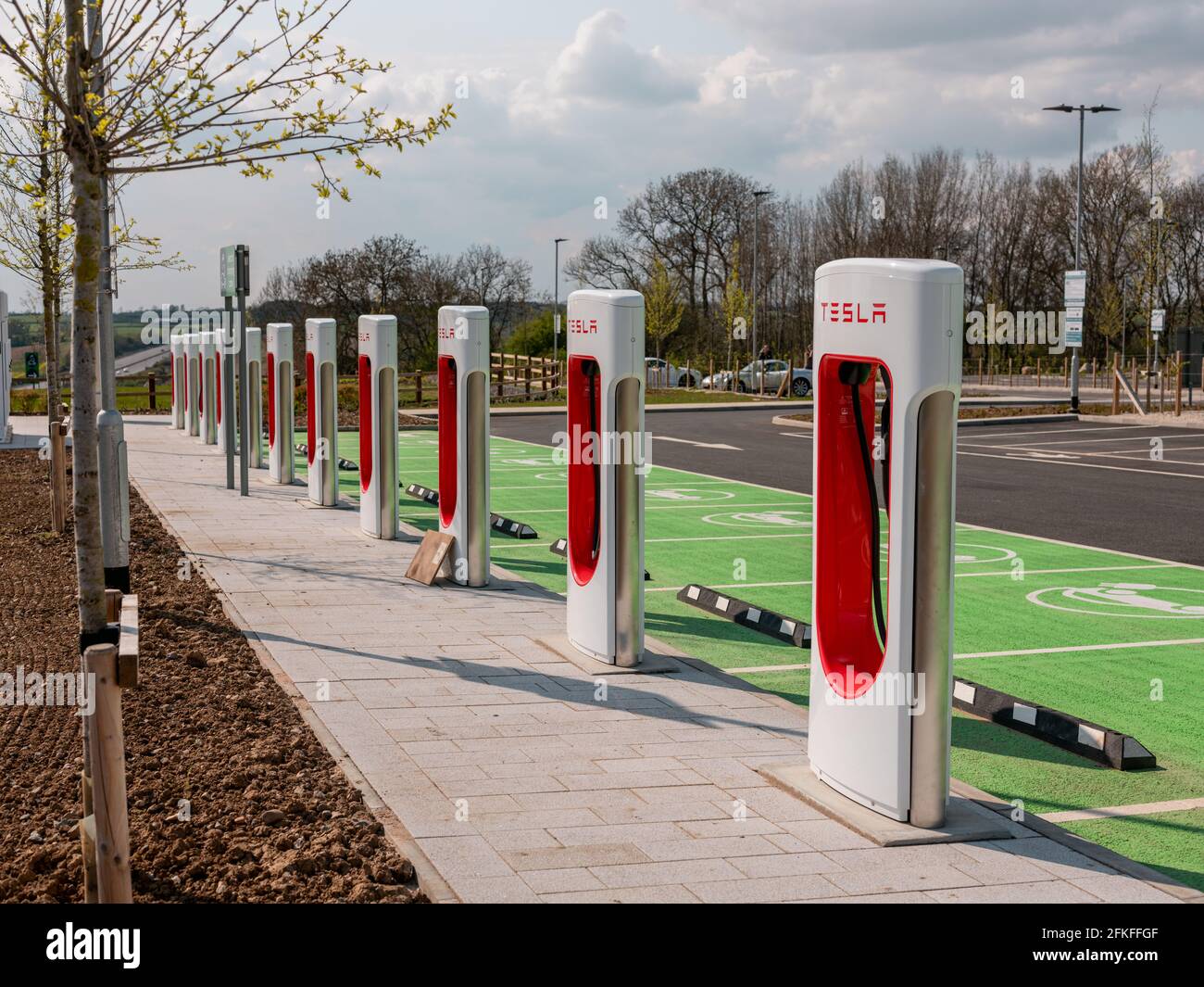 A row of Electric Vehicle charging points at Rugby Services, M6