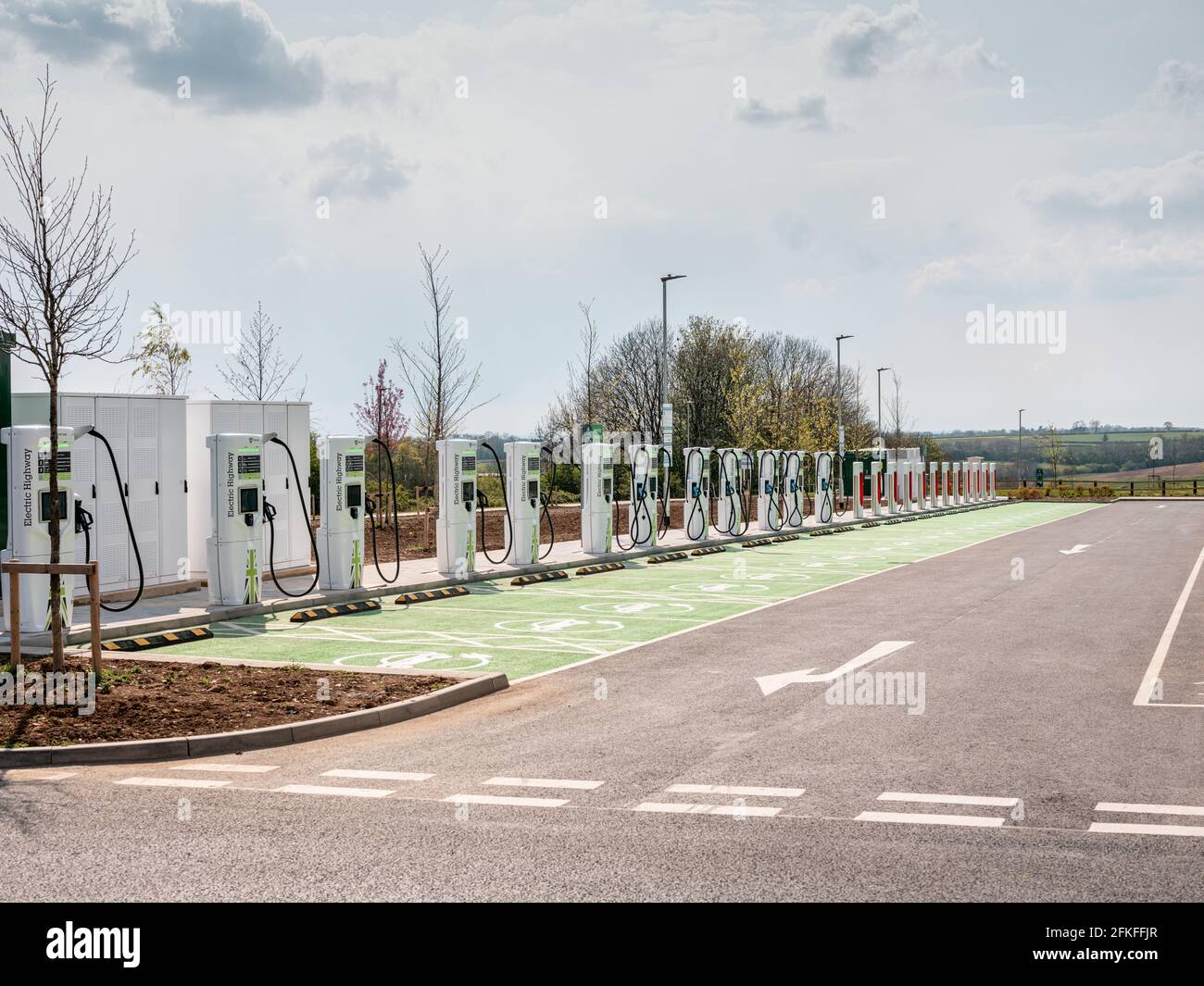 A row of Electric Vehicle charging points at Rugby Services, M6