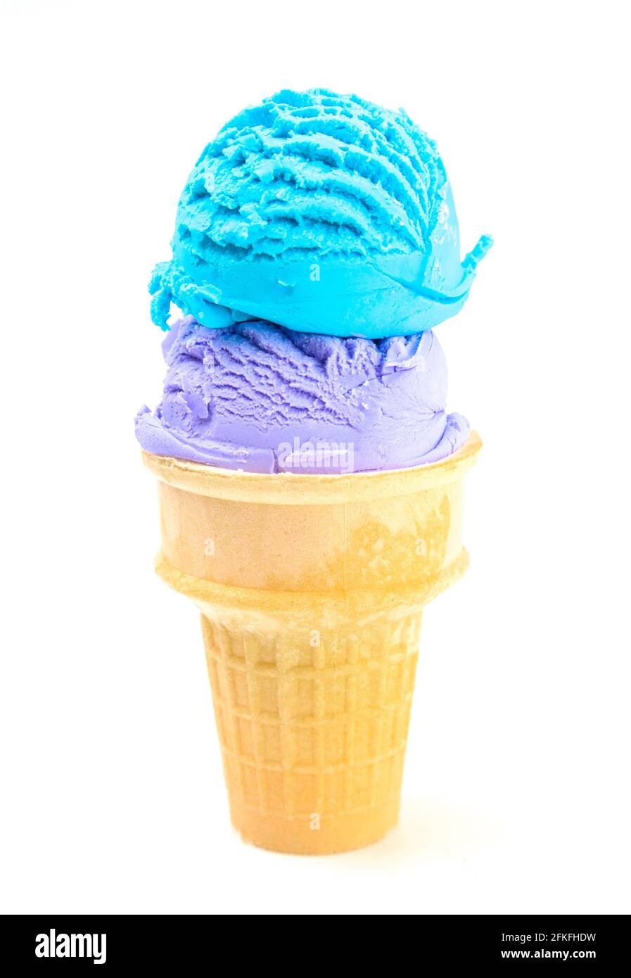 Double Scoop of Purple and Blue Ice Cream Cone on a White