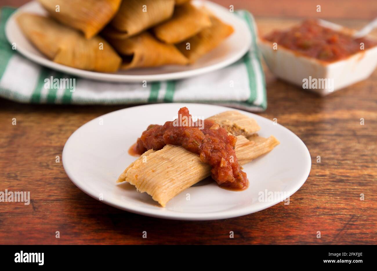 Homemade Tamale Unwrapped and On a Plate with Salsa Stock Photo Alamy